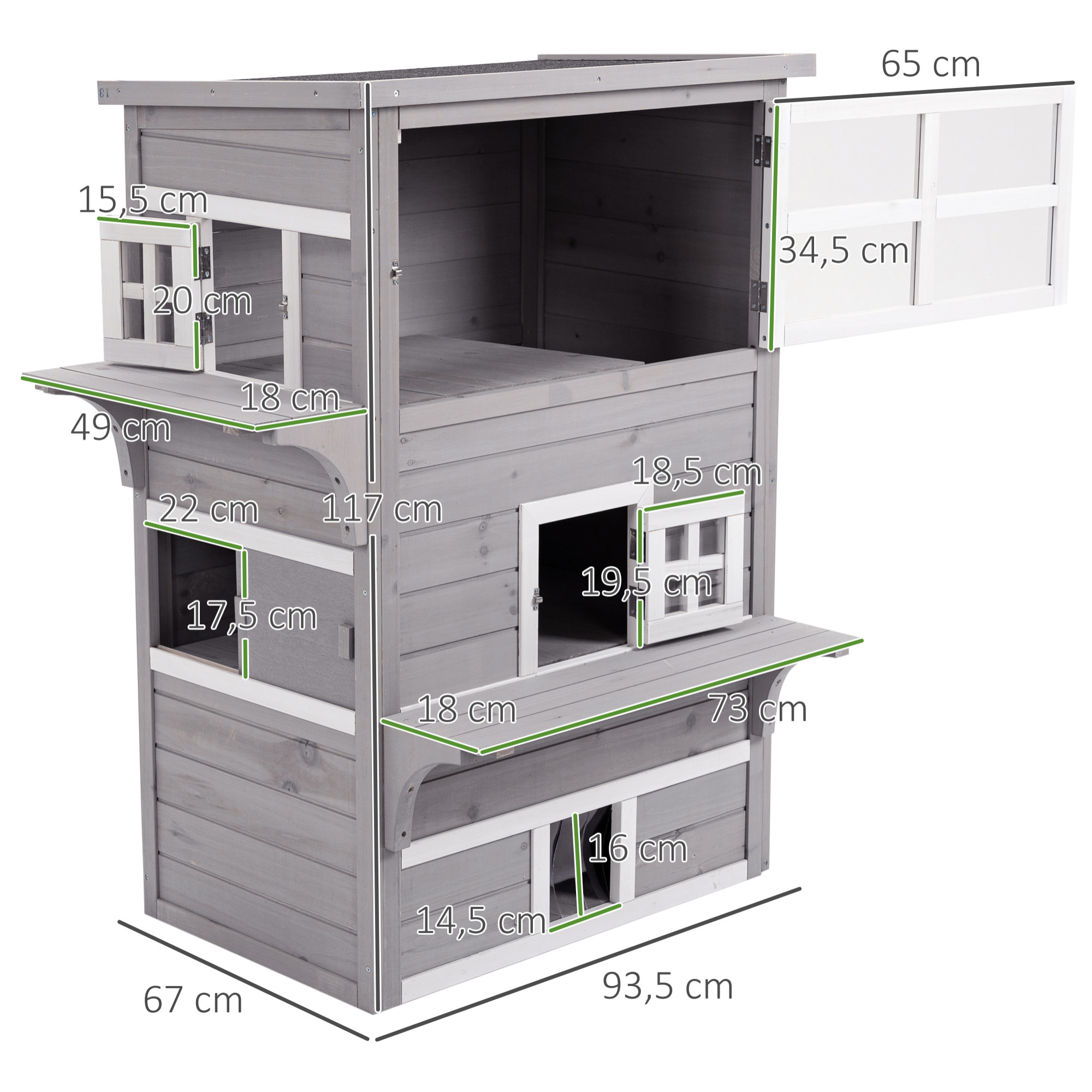 Caseta para Gatos de Madera Exterior 98x68,5x122 cm Casa Grande para Gatos de 3 Pisos con Múltiples Entradas Ventanas y 2 Plataformas para Terraza Balcón Jardín Gris