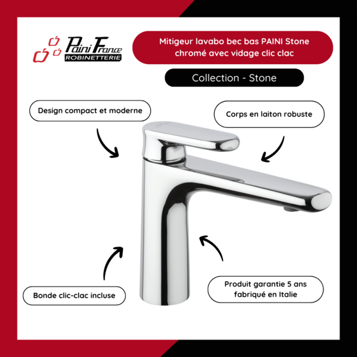 Mitigeur lavabo bec bas PAINI Stone chromé avec vidage clic clac