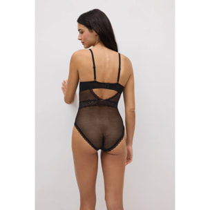 Body con ferretto imbottito in plumeti e pizzo nero