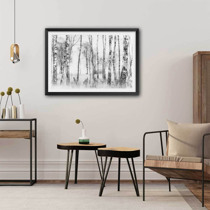Affiche paysage bouleaux Affiche + cadre en bois - Noir