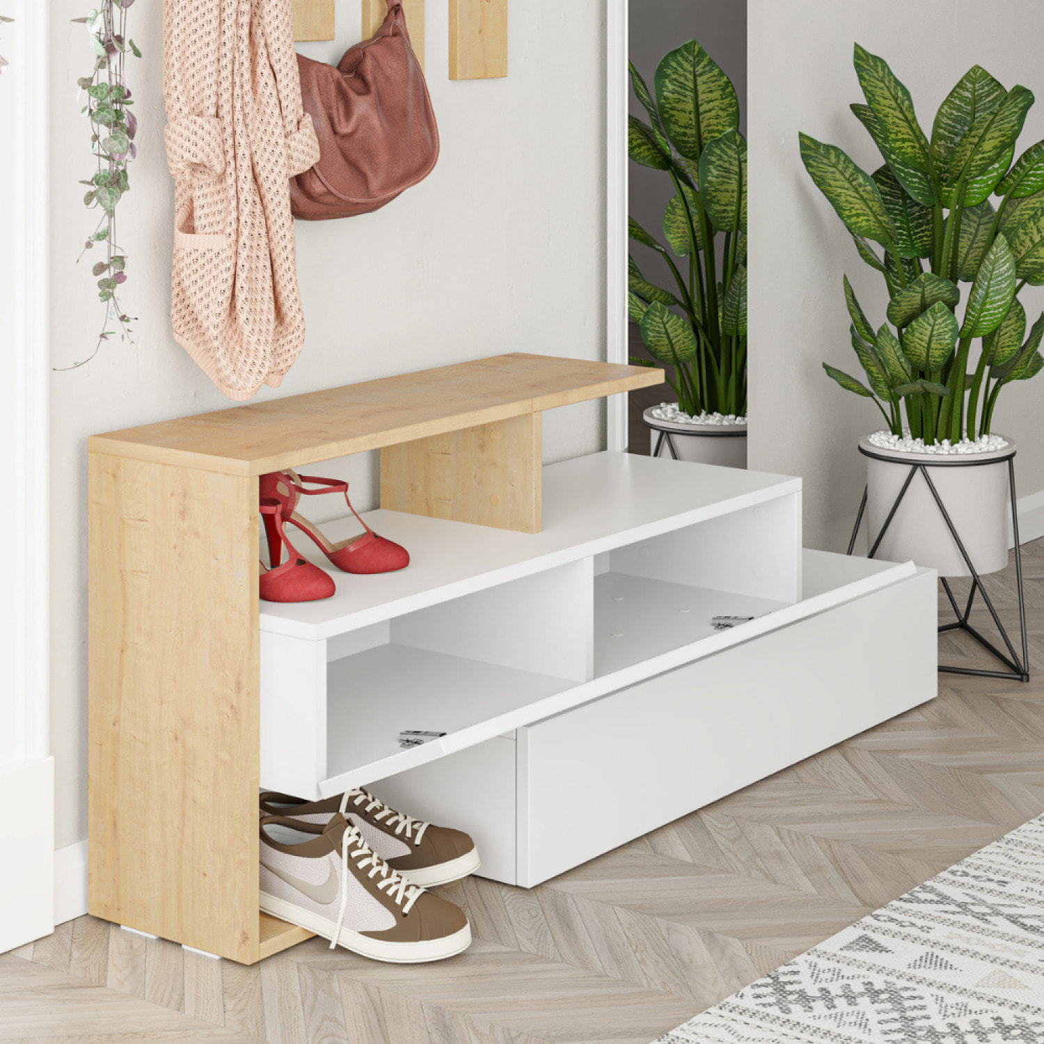NINA - Meuble d'entrée bois/blanc et porte-manteaux