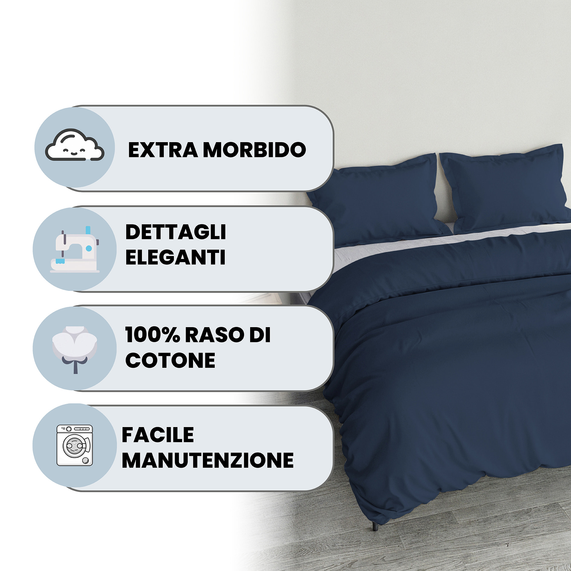 PARURE COPRIPIUMINO RASO CLOE, 100% Raso di Cotone, Made in Italy - AVIO