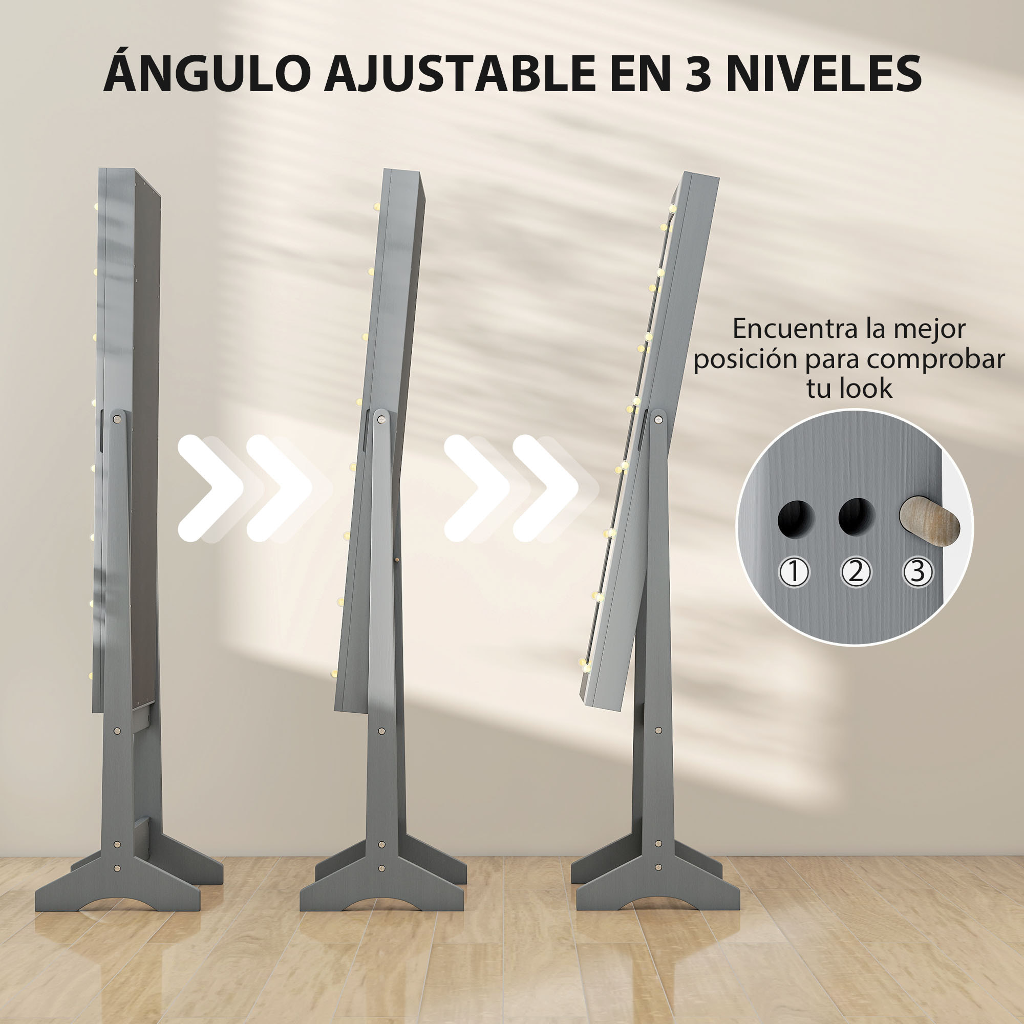 Espejo Joyero con Luces LED, Armario para Joyas, Armario Joyero de Pie con Espejo Entero, Ángulo Ajustable, con Estantes, Ranuras para Anillos, Gris