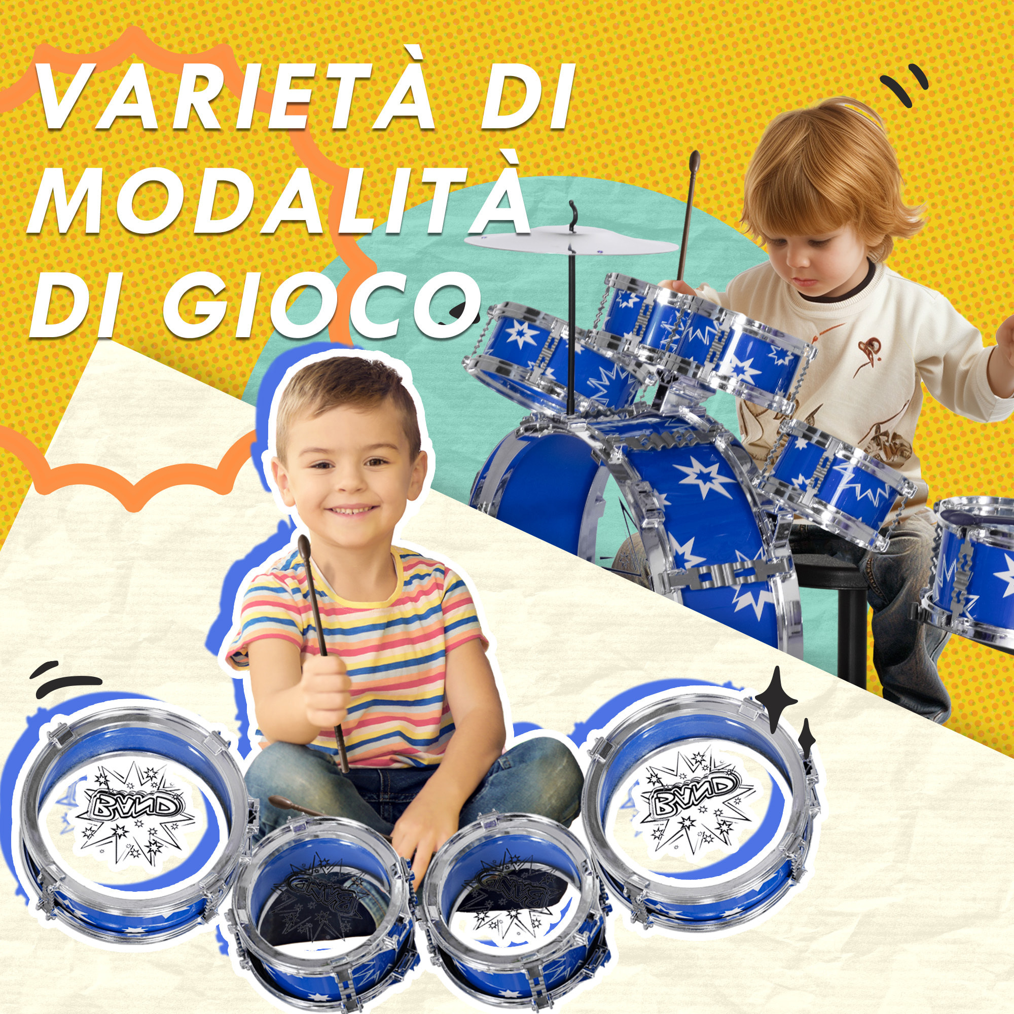 AIYAPLAY Set Batteria per Bambini con Grancassa con Pedale, Tamburi, Piatto e Sgabello, Età 3-6 Anni, Blu