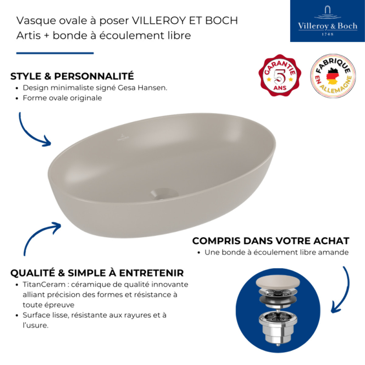 Vasque ovale à poser Artis + bonde à écoulement libre Amande
