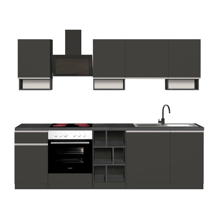 Cucina completa Attimis, Set con dispensa, Mobile per cucinotto, Kit blocco lineare, 100% Made in Italy, 255x60h85 cm, Antracite e Ardesia