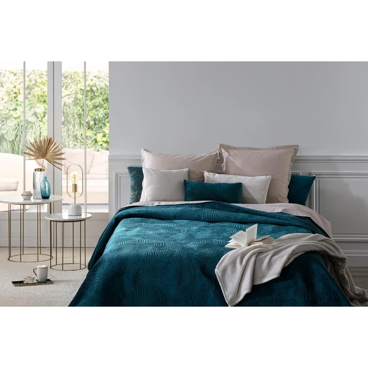 Dessus de lit "Delia" feuille en velours bleu canard 240x260cm