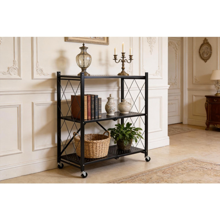 Estantería de Almacenamiento PLEGABLE de 3 Estantes con ruedas, SIN montaje - 71x34x89 cm color Negro