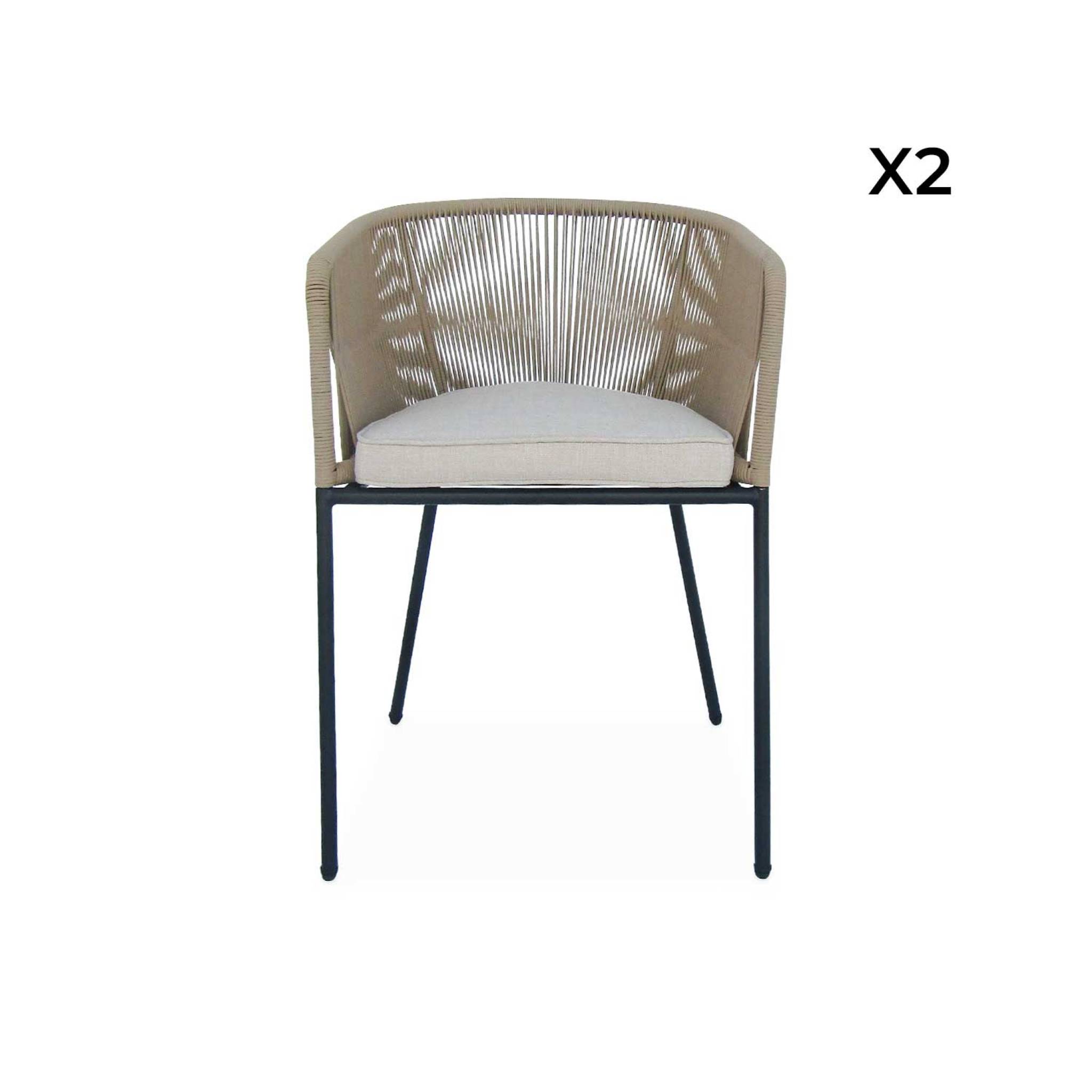 Lot de 2 fauteuils de jardin en corde beige et acier galvanisé. coussin beige
