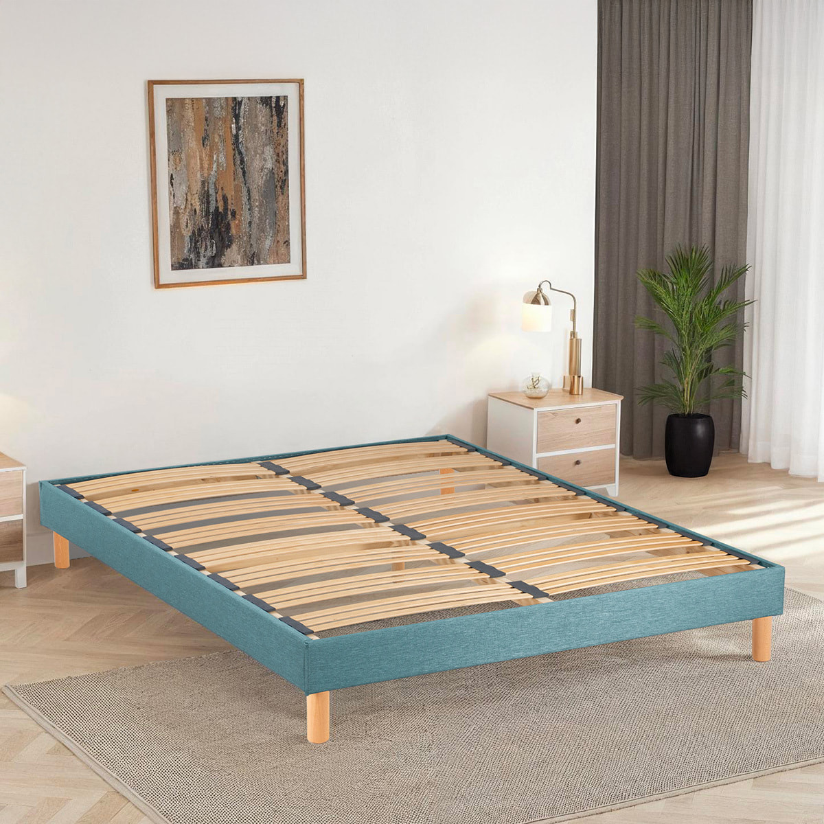 Sommier Lumière Technologie Tri-Lattes, tissu vert d’eau, Bois Épicéa, H30 cm, Lattes Actives, Aération Optimale