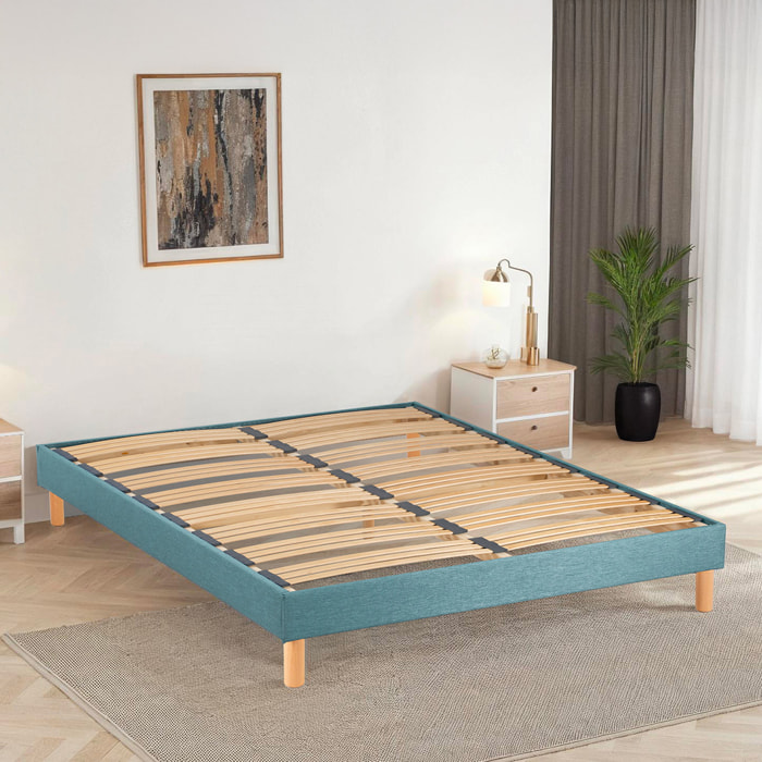 Sommier Lumière Technologie Tri-Lattes, tissu vert d’eau, Bois Épicéa, H30 cm, Lattes Actives, Aération Optimale