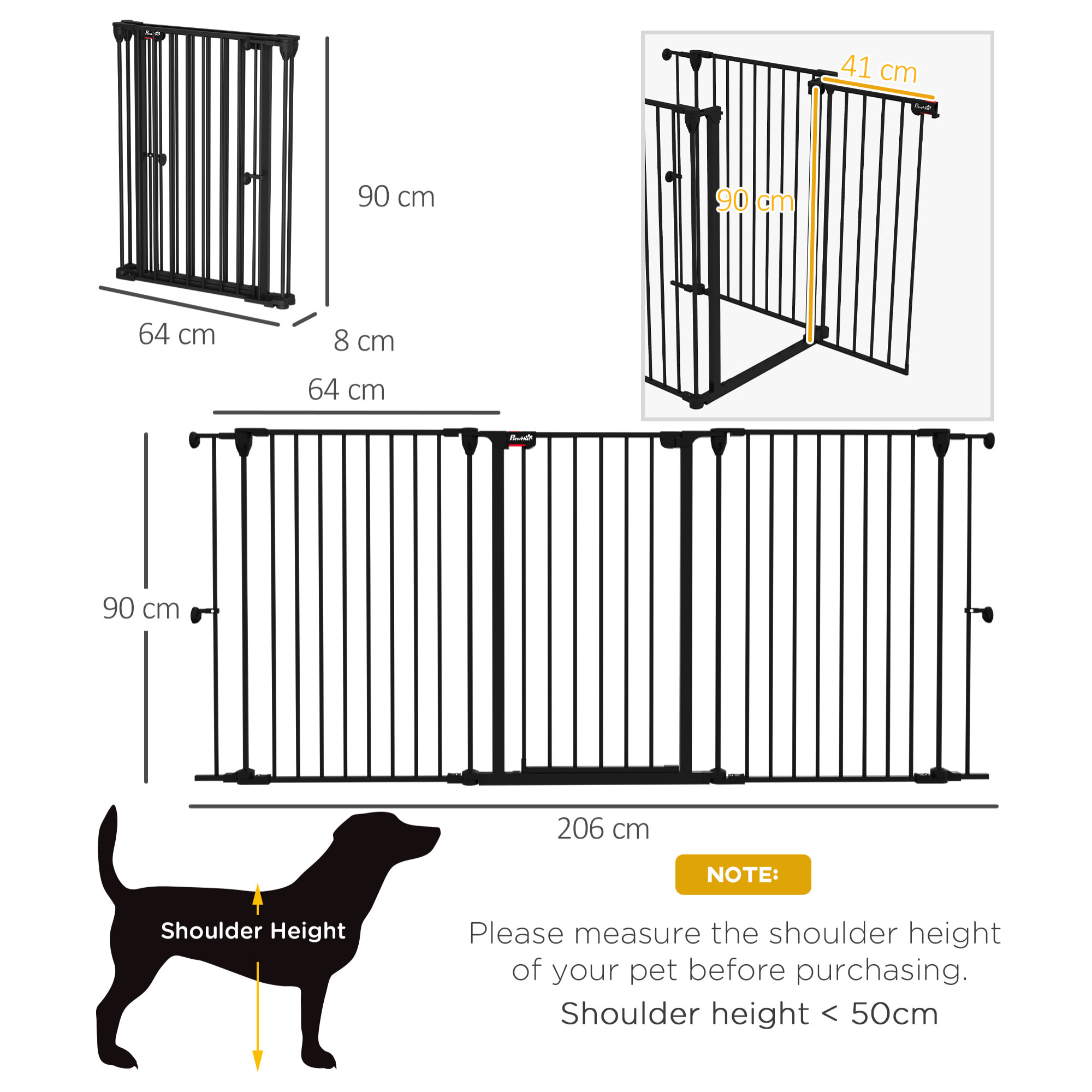 Barrera para Perros de Acero Valla para Mascotas Plegable de 3 Paneles con Doble Cerradura y Función de Bloqueo Auxiliar para Puerta Pasillo Escalera 206x90 cm Negro