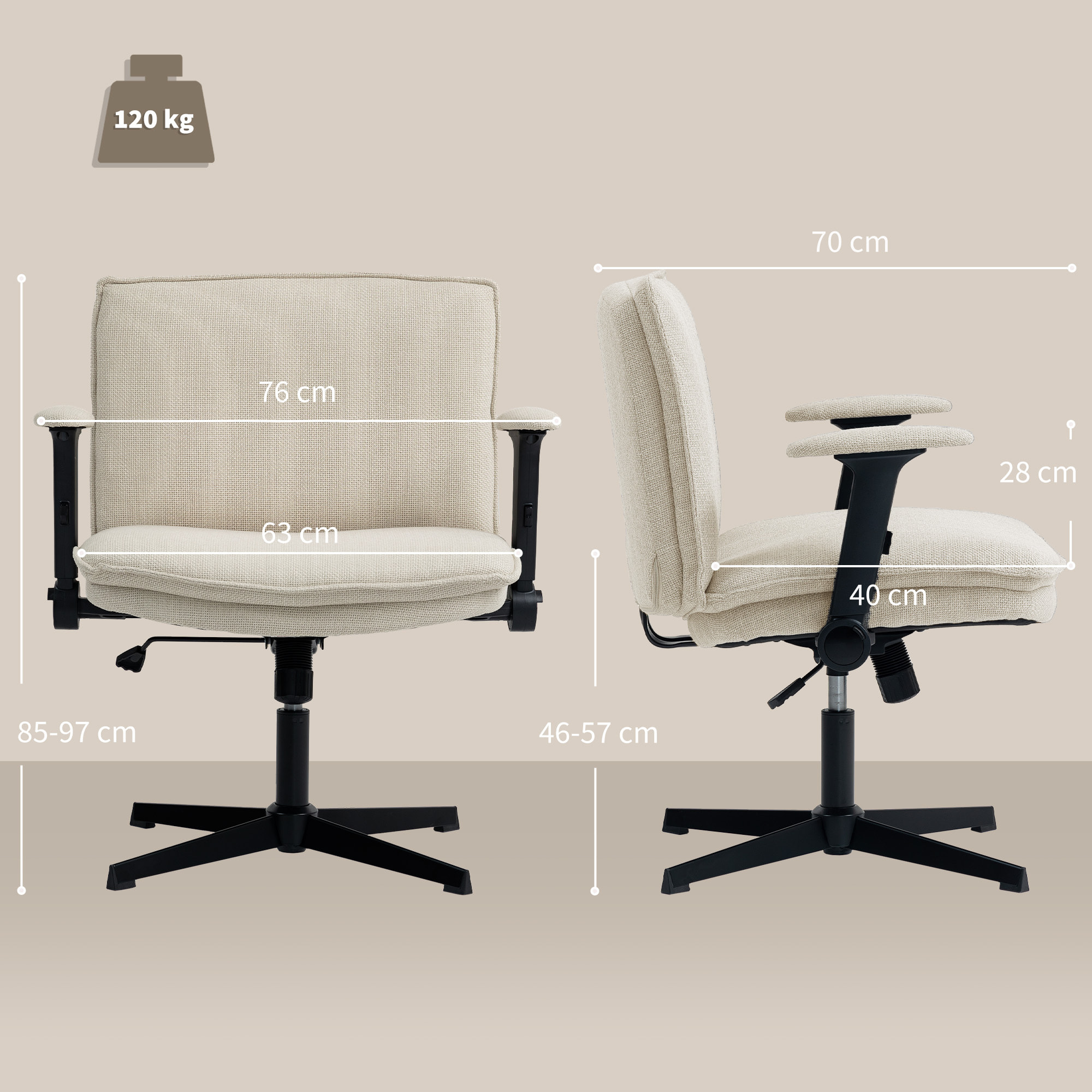 Silla de Oficina Piernas Cruzadas, Silla de Escritorio con Reposabrazos Abatible, Asiento Ancho, sin Ruedas, Altura Ajustable, Giratoria, Función Basculante, Tapizada en Lino, Crema