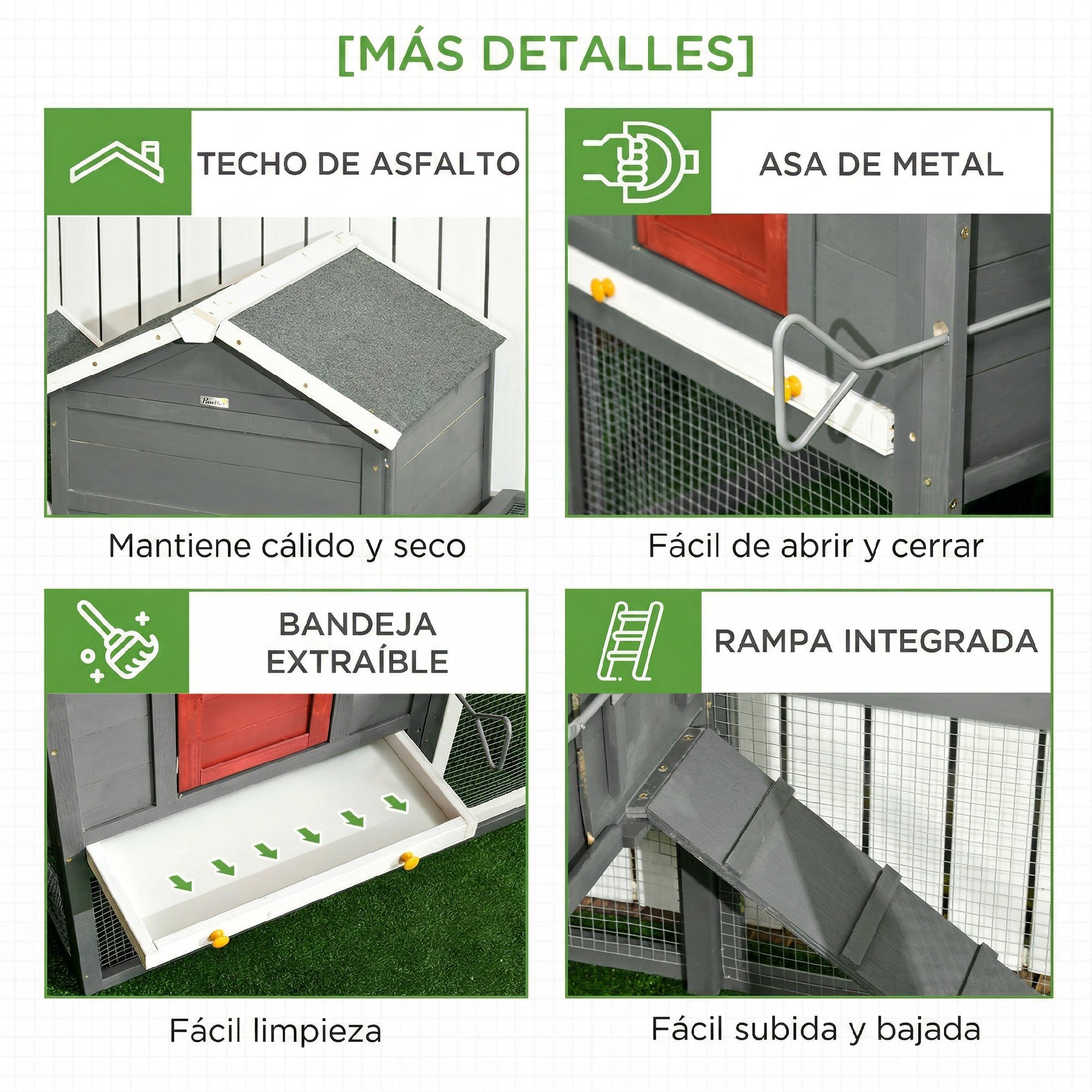 Gallinero para Exterior Grande de Madera, 300x66x116 cm, para 3-6 Gallinas, Gallinero con Nido, Corral, Bandeja Extraíble, Techo Asfáltico, Rampa, Puerta con Cerradura, Conejera, Gris