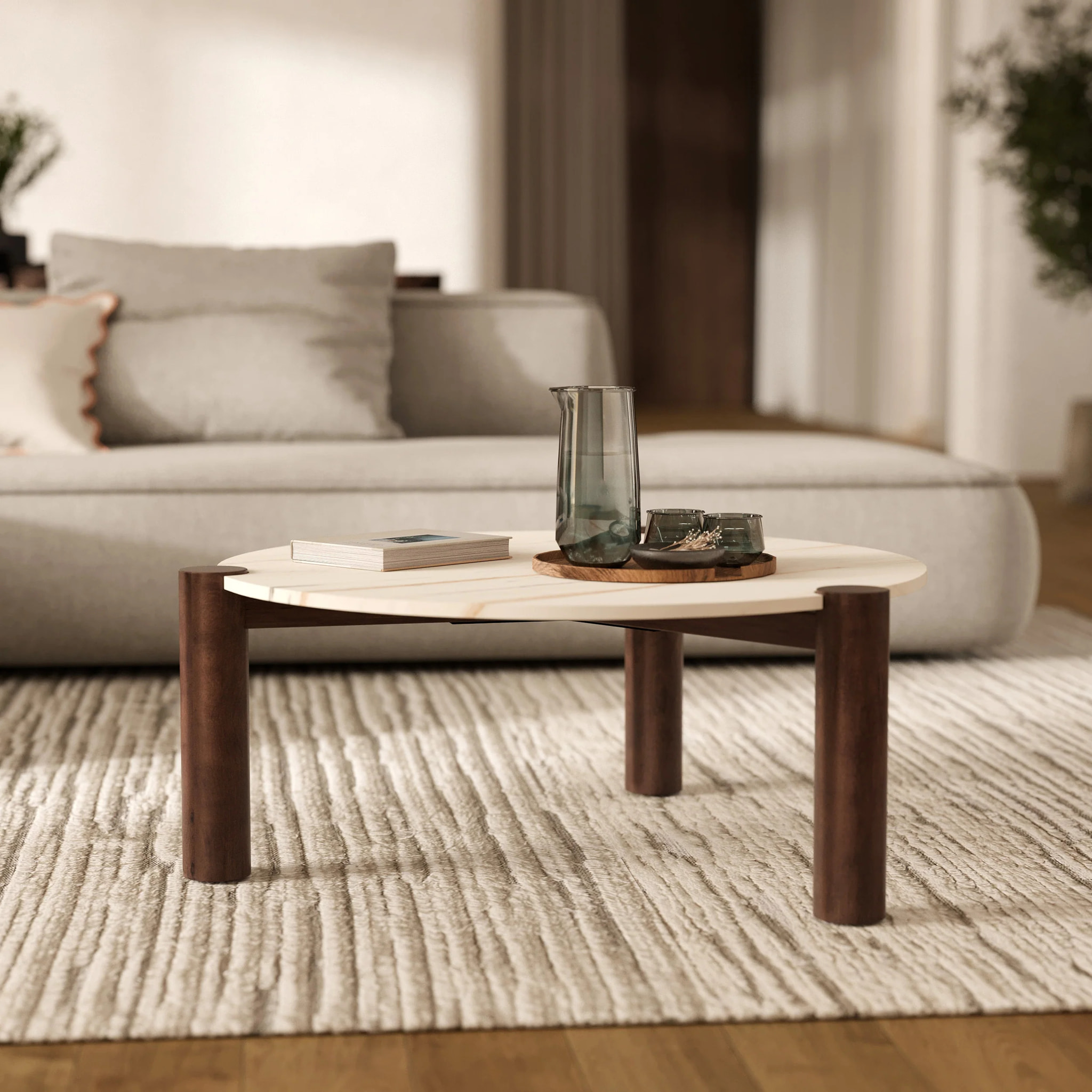 Table basse ronde en marbre et bois de manguier D86 cm - Pauline