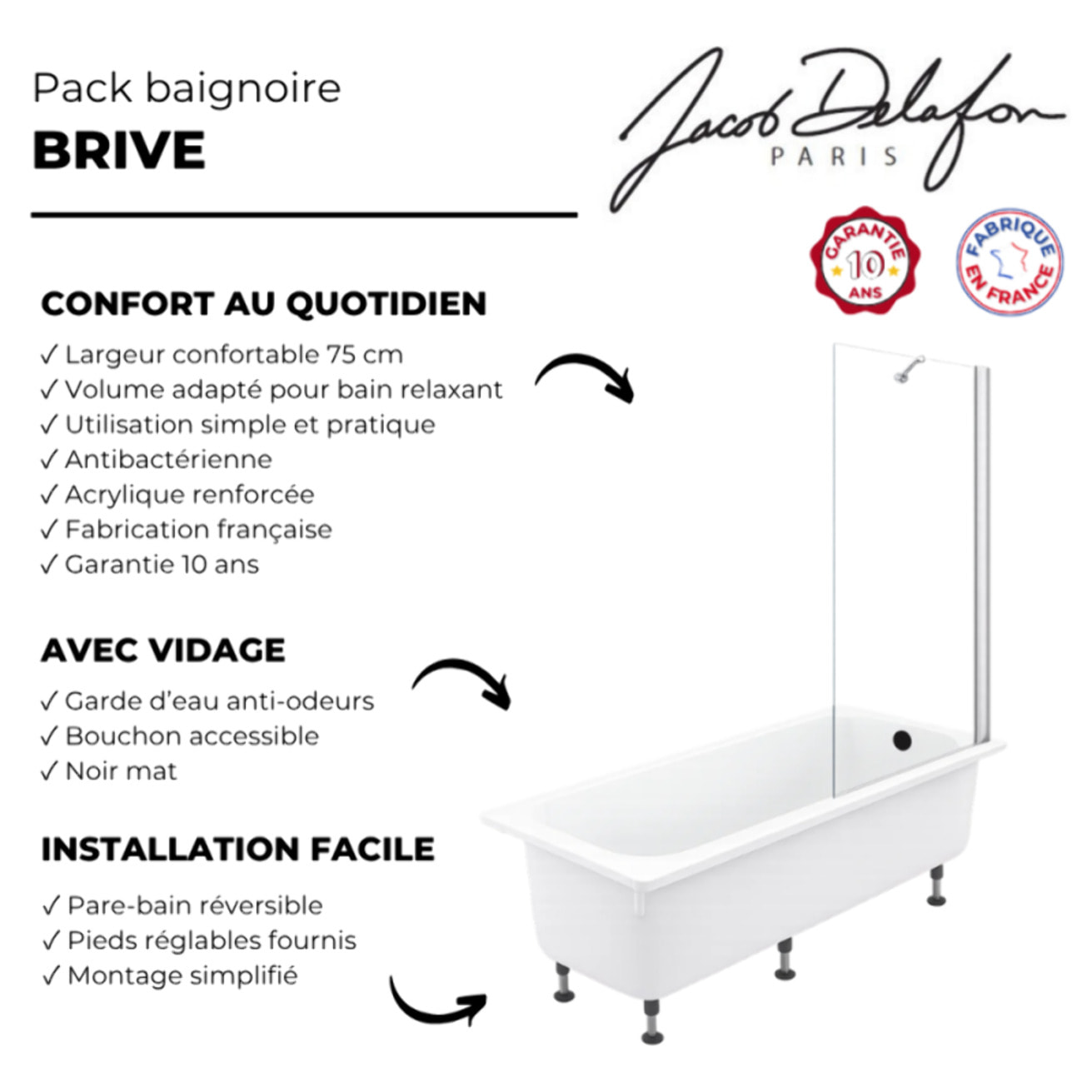 Pack baignoire droite 170 X 75 Brive + pare bain avec vidage noir mat