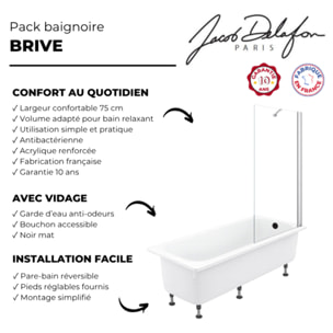 Pack baignoire droite 170 X 75 Brive + pare bain avec vidage noir mat