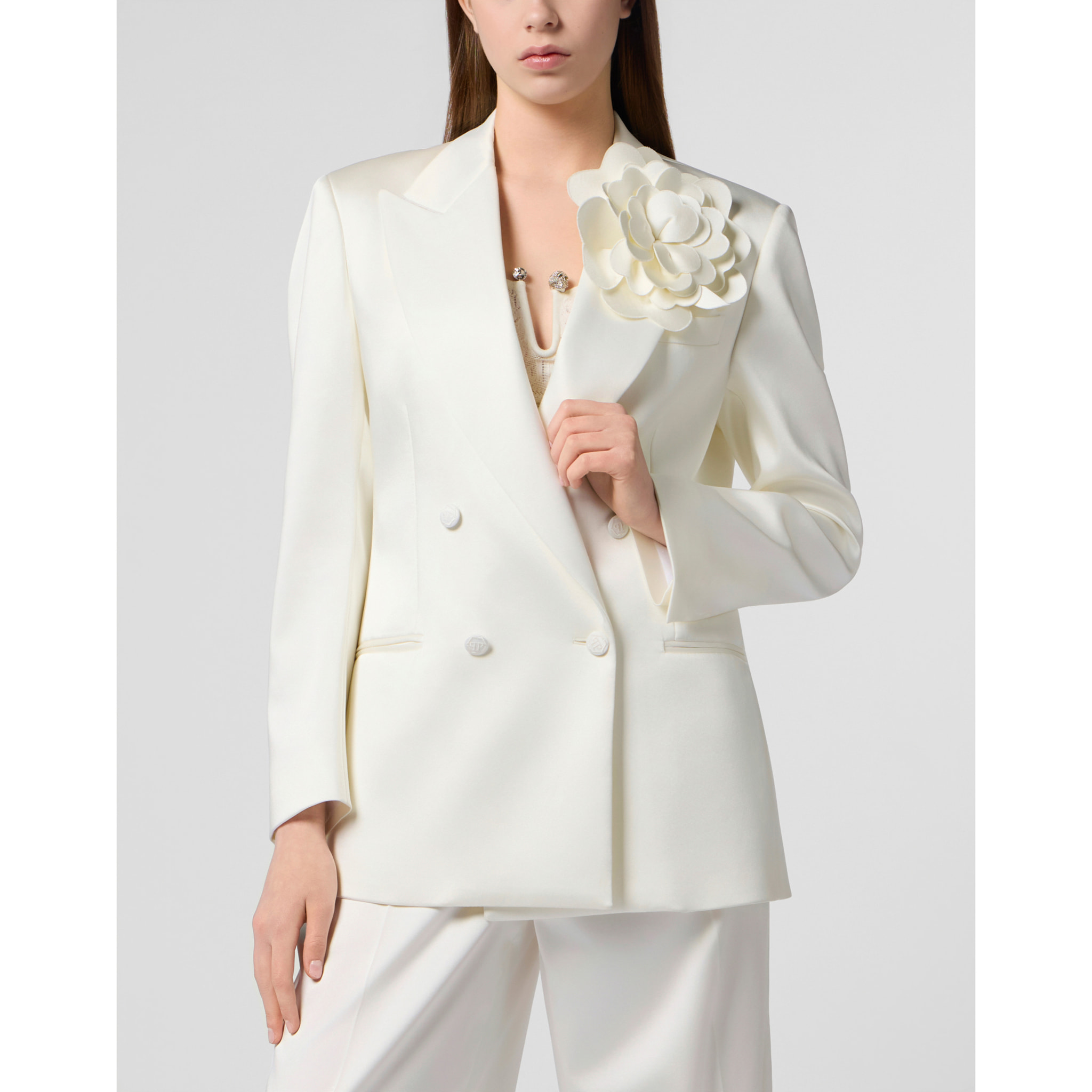 PHILIPP PLEIN Double-Breasted Satin Blazer Roses