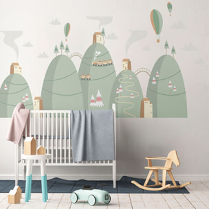 Stickers muraux enfants - Décoration chambre bébé - Autocollant Sticker mural géant enfant montagnes scandinaves MONTGOLFIÈRES DANS LA VILLE