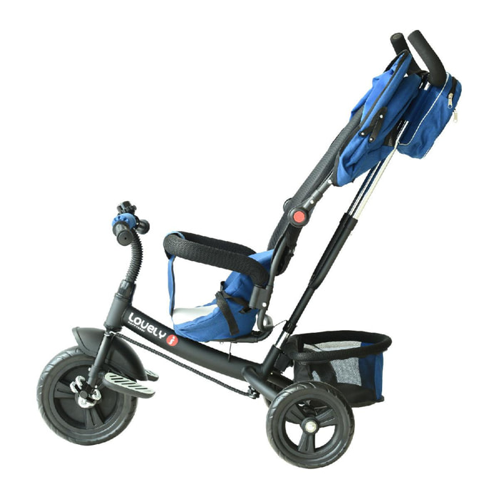 Tricycle enfants évolutif canne  et pare-soleil pliable amovible sacoche et panier 96 x 54l x 101 cm acier bleu