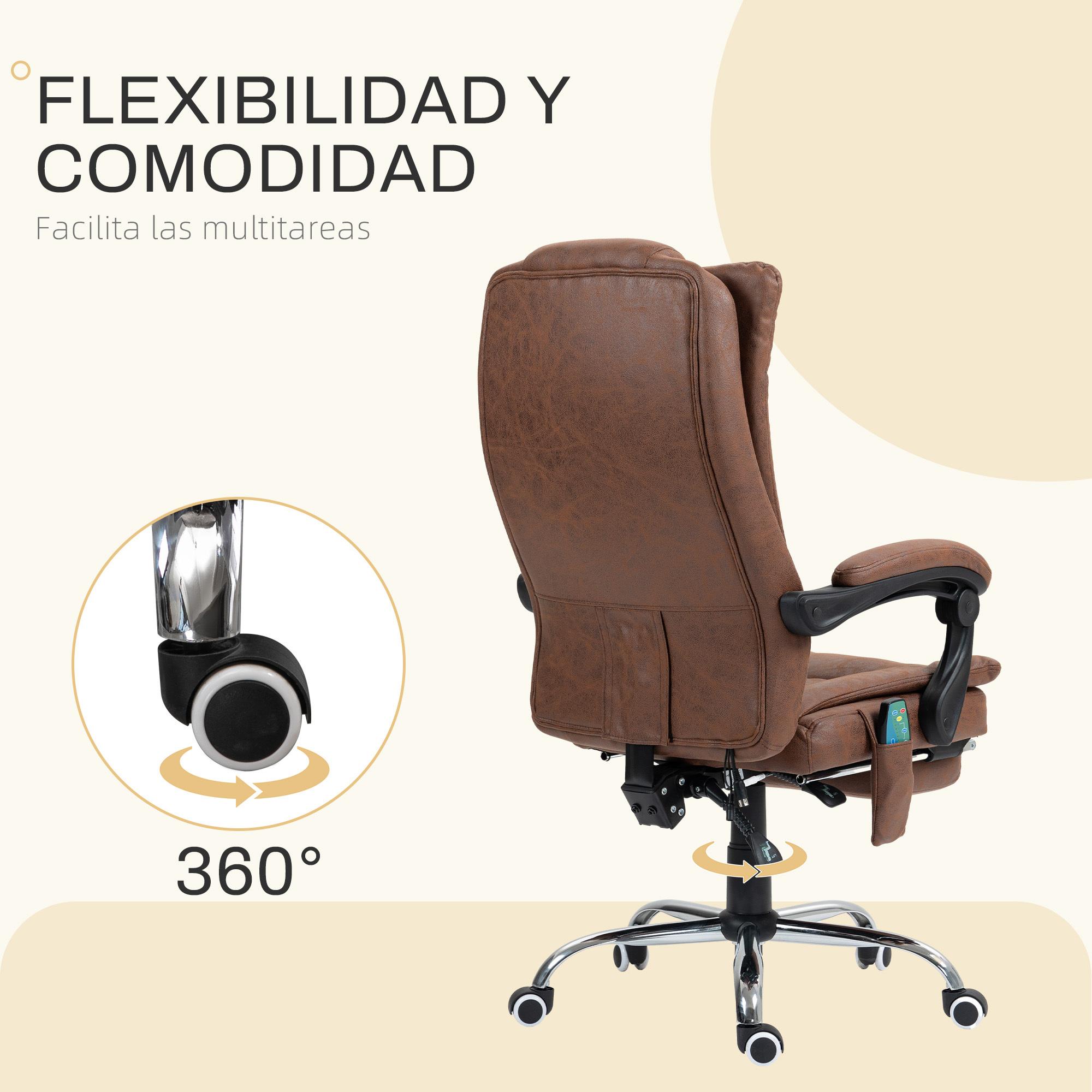 Silla de Masaje con 6 Puntos de Masaje Silla de Oficina Giratoria Silla de Escritorio Reclinable con Altura Ajustable Función de Calefacción Reposapiés Retráctil y Control Remoto Marrón