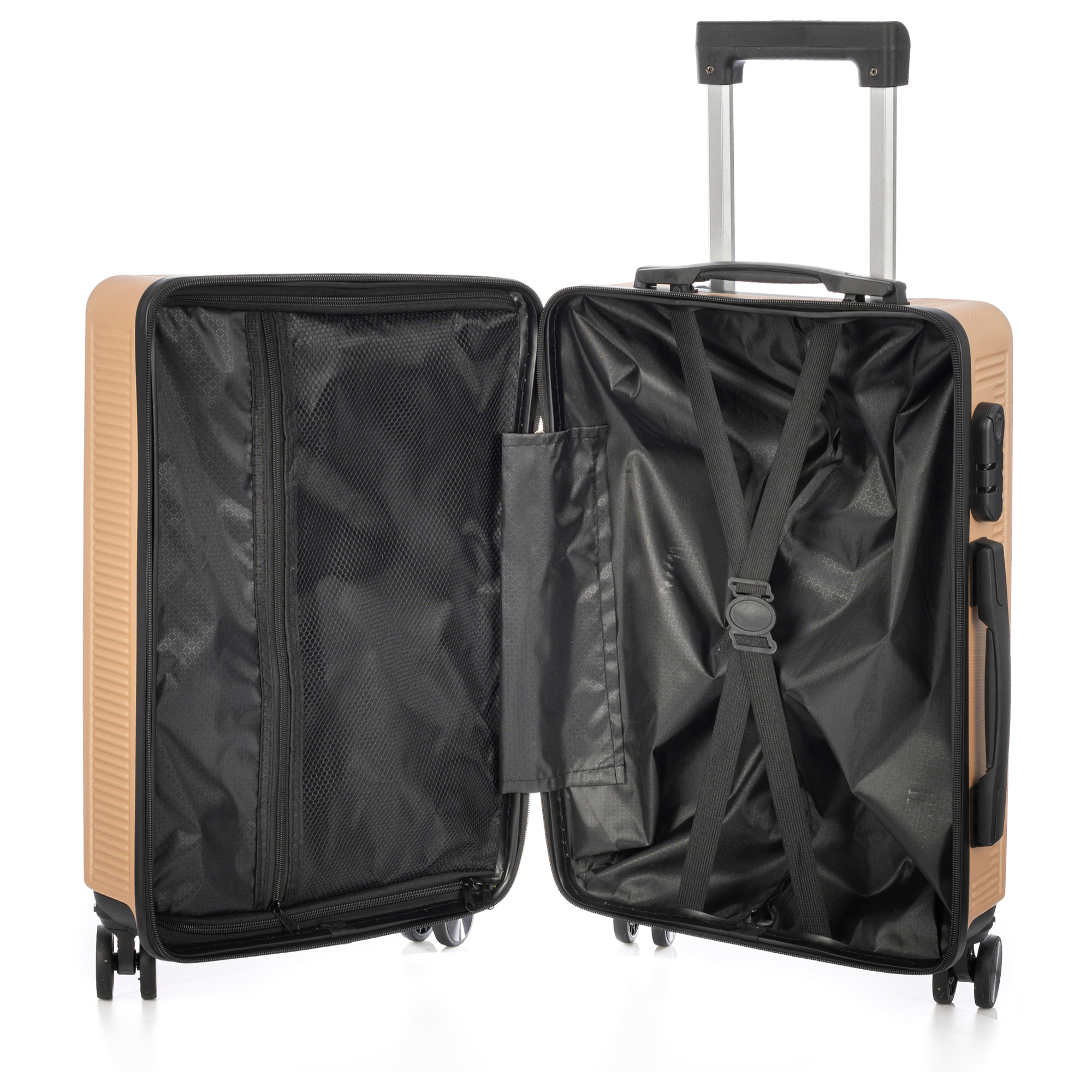 DAM Set di 3 valigie Trolley, in materiale leggero ABS ad alta resistenza. Serratura numerica e 4 ruote doppie rimovibili e girevoli a 360°. 50x29x76 Cm. Colore: Oro