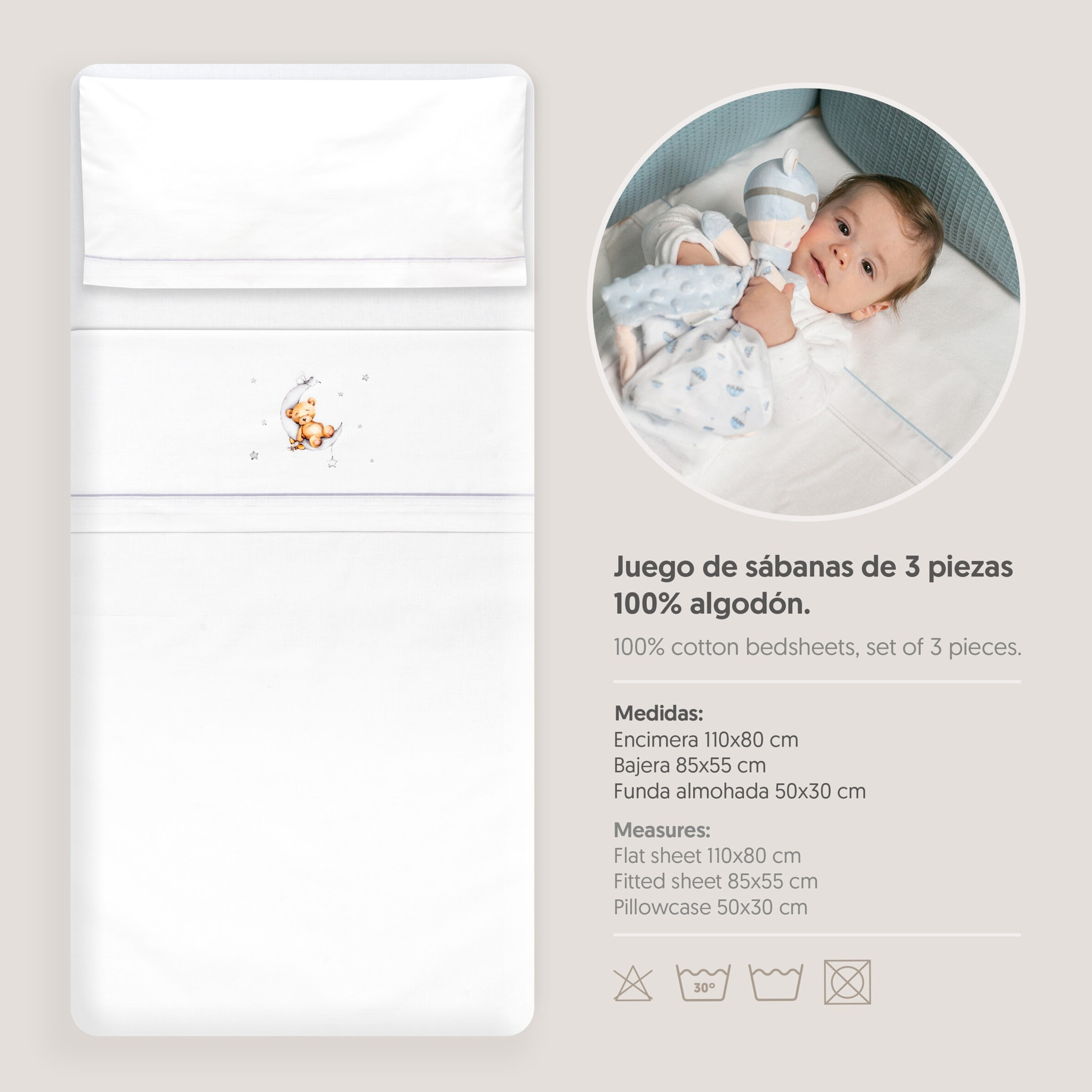 Triptico Minicuna Estampado Oso Luna Estrellas Bco/Gris