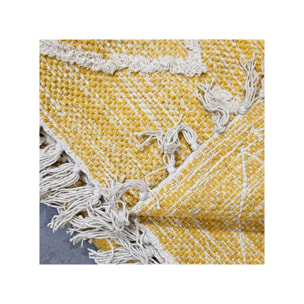 Tapis ethnique jaune en coton motifs et franges 120x180cm - MARA