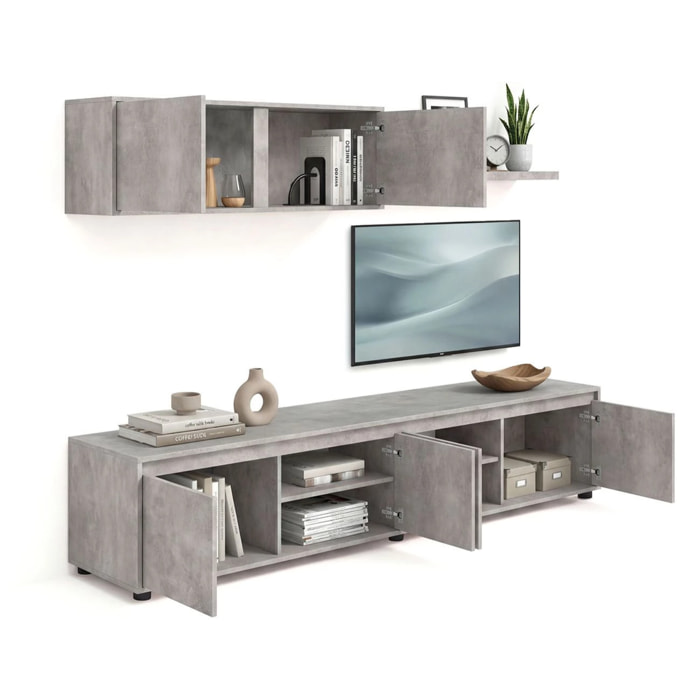 Salón con mueble de TV y estantería en gris cemento 200 cm Arlet Gris cemento