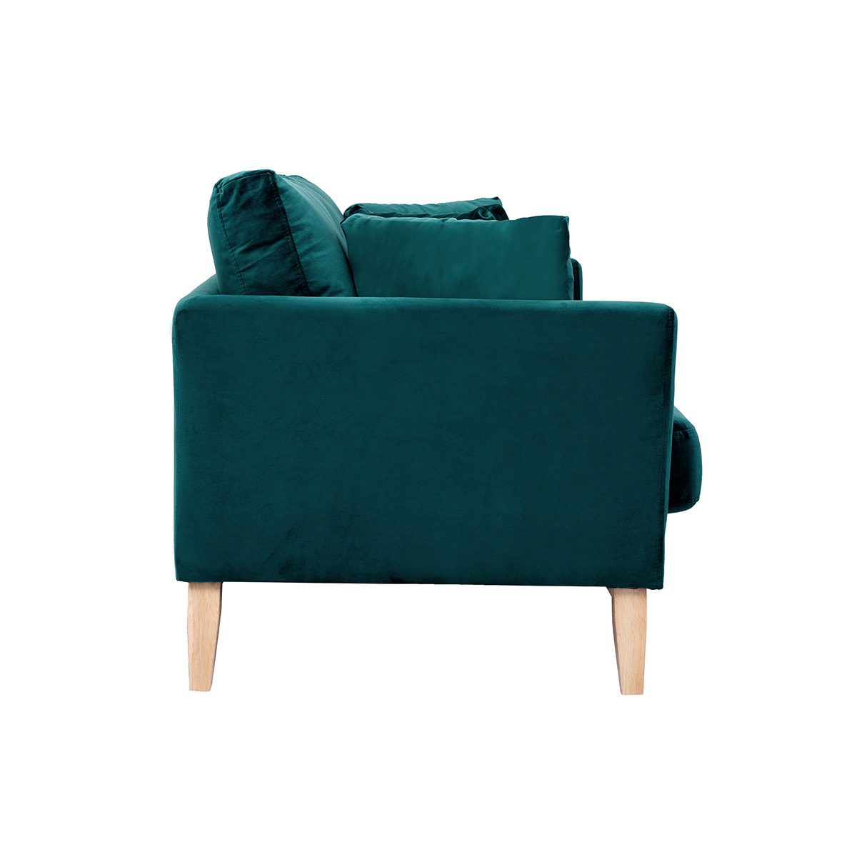 Canapé scandinave déhoussable 2 places en tissu velours bleu pétrole et bois clair OSLO