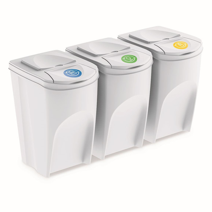 Juego de 3 cubos de reciclaje 105L Prosperplast Sortibox, blanco