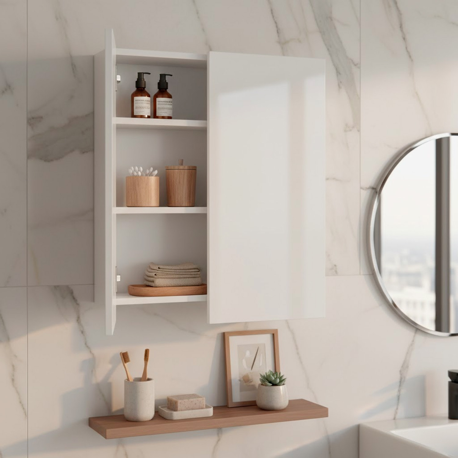 Mobile Pensile Da Bagno Sospeso Con 2 Ante Battenti E Ripiani Interni Armadietto In Melaminico Salvaspazio Per Bagno 60 x 60 x 16 Cm Bianco Lucido