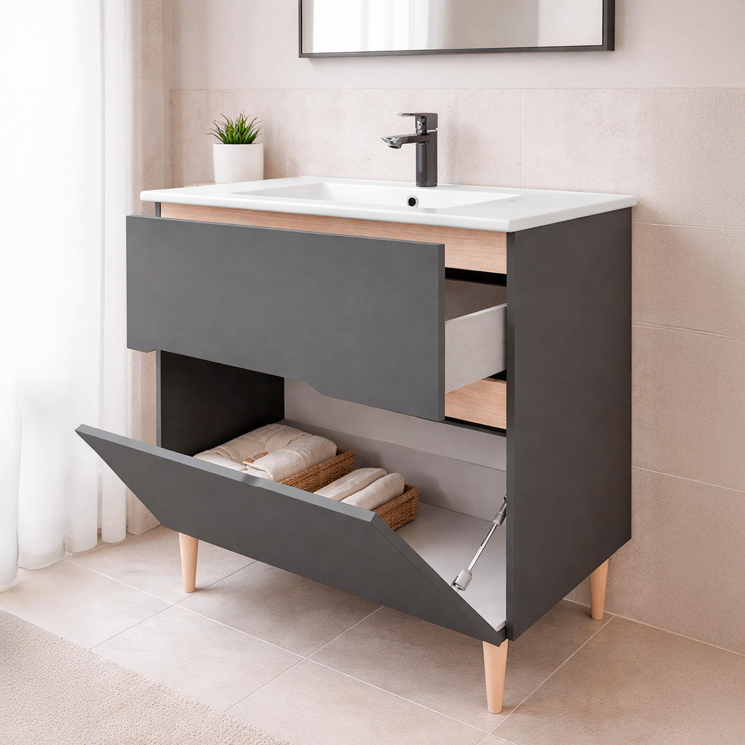 Mobile Bagno A Terra Lavabo In Ceramica E Specchio Inclusi 1 Cassetto Soft Close 1 Anta Vasistaso 80 x 45 x 80 Cm Colore Grigio Antracite E Rovere