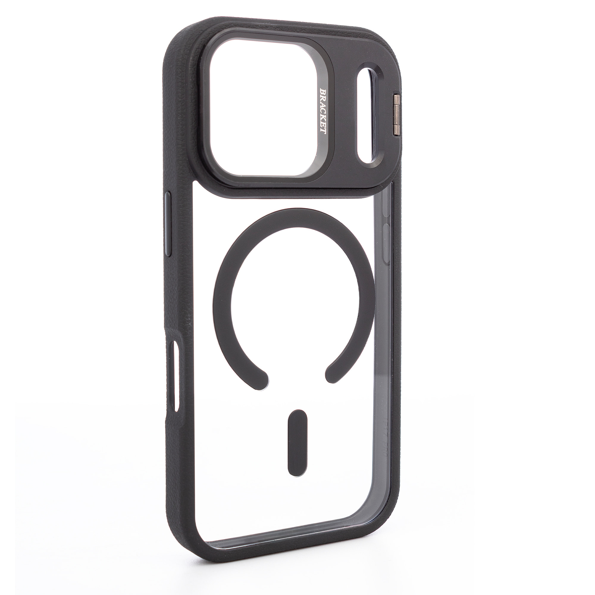 Carcasa transparente con cubierta de cámara abatible que funciona como soporte, bordes negros. MagSafe para iPhone 17 Pro.