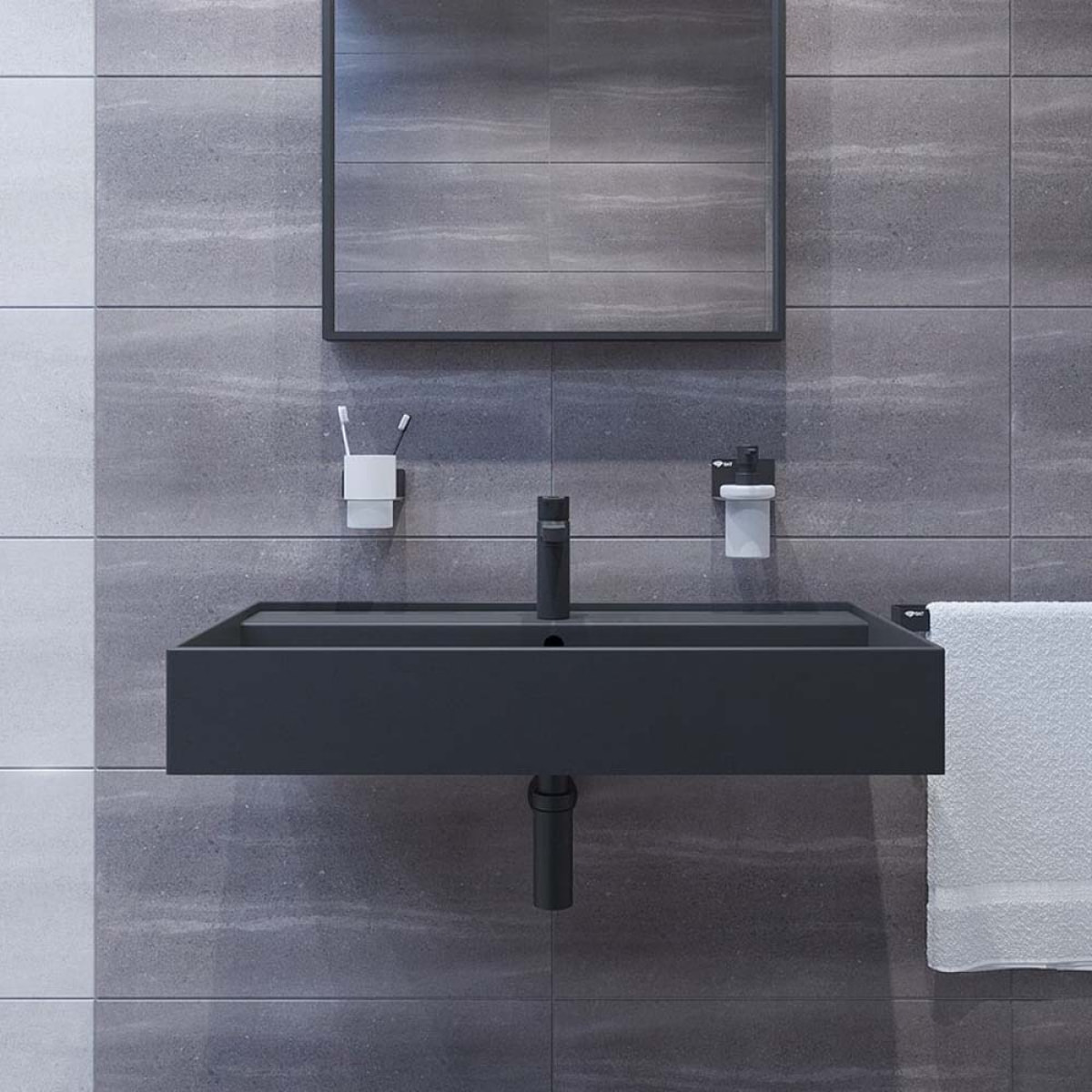 Set Bonde clic-clac  5/4  avec trop plein pour lavabos et vasques, noir mat + Siphon, noir mat (SATSetBlack)