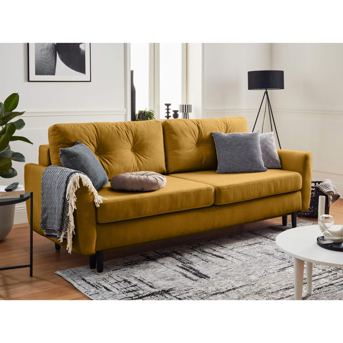 Nils - Canapé droit 3 places convertible - avec coffre de rangement - Velours - Jaune