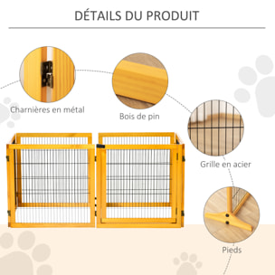 Barrière de sécurité parc enclos chien modulable pliable porte verrouillable intégrée 5 panneaux grillage acier noir bois de pin verni