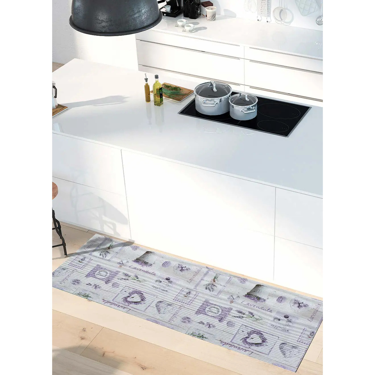 SALLY Alfombra vinílica de cocina dibujos de plantas en lila, varias medidas disponibles.