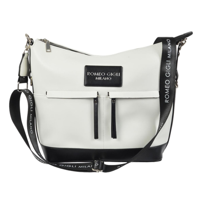 LAURIE BORSA A SPALLA CON TRACOLLA CON TASCHE ESTERNE OFF WHITE DETTAGLI NERI