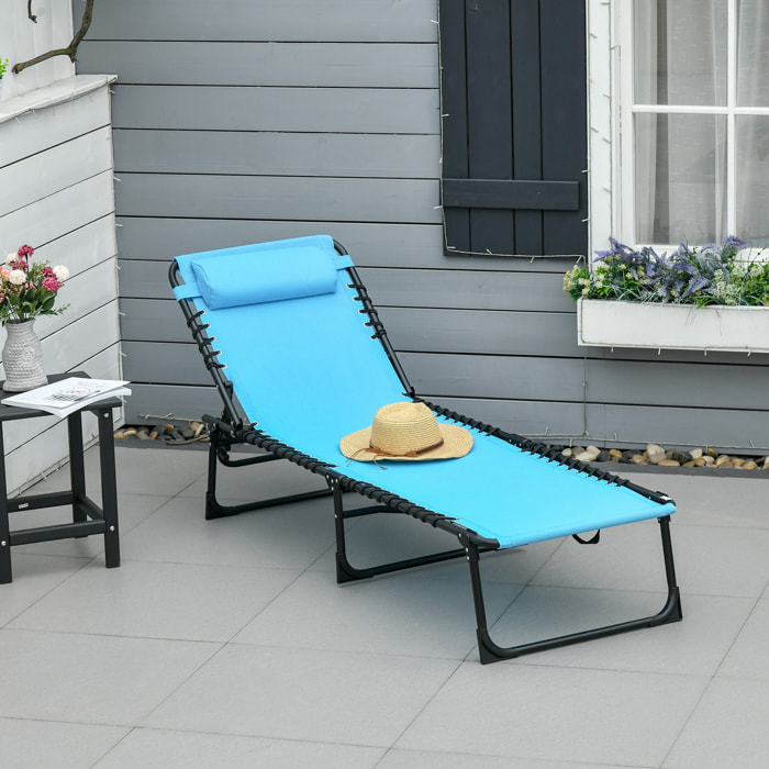 Tumbona Plegable, Tumbona Jardín Exterior Reclinable 4 Posiciones con Reposacabezas y Marco de Acero, Carga 120 kg, para Terraza, Piscina, Playa, 189x58x30 cm, Azul Claro