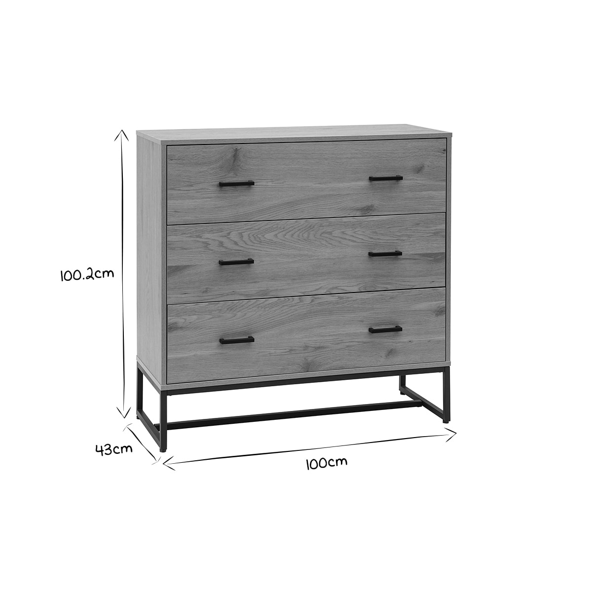 Commode 3 tiroirs finition bois clair chêne et métal noir L100 cm LOVATO