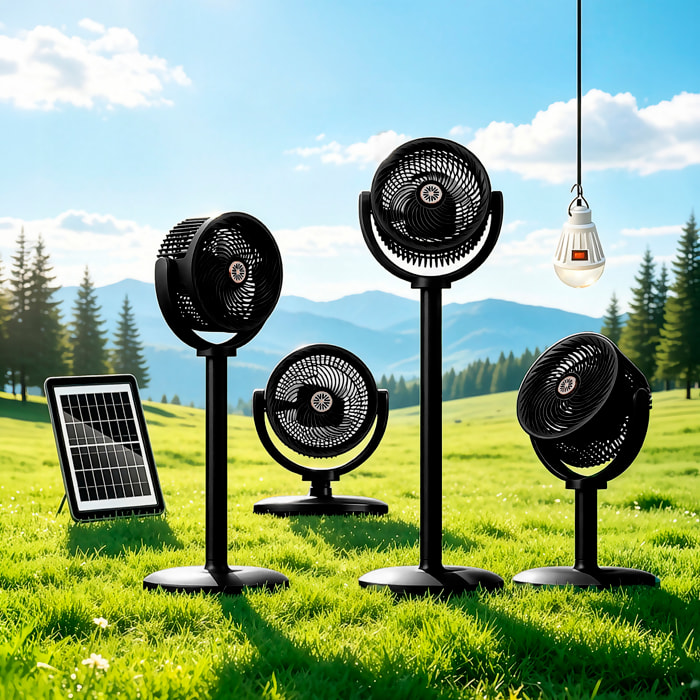 Ventilador para exteriores F32. Con 5 velocidades y 4 alturas. Batería de larga duración con función powerbank. Incluye panel solar y lámpara LED.