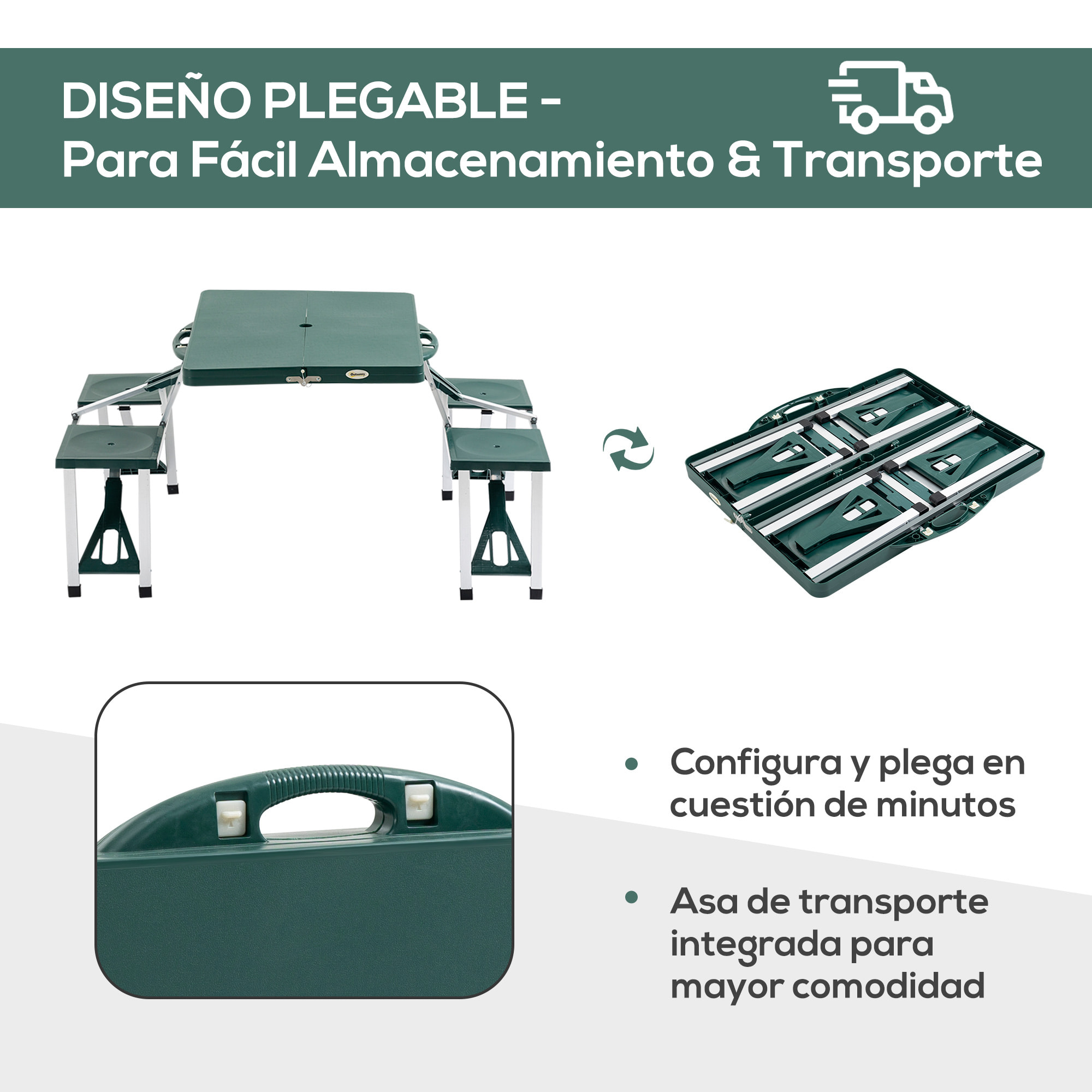 Mesa Plegable de Camping con 4 Asientos y Agujero para Sombrilla Picnic y Playa