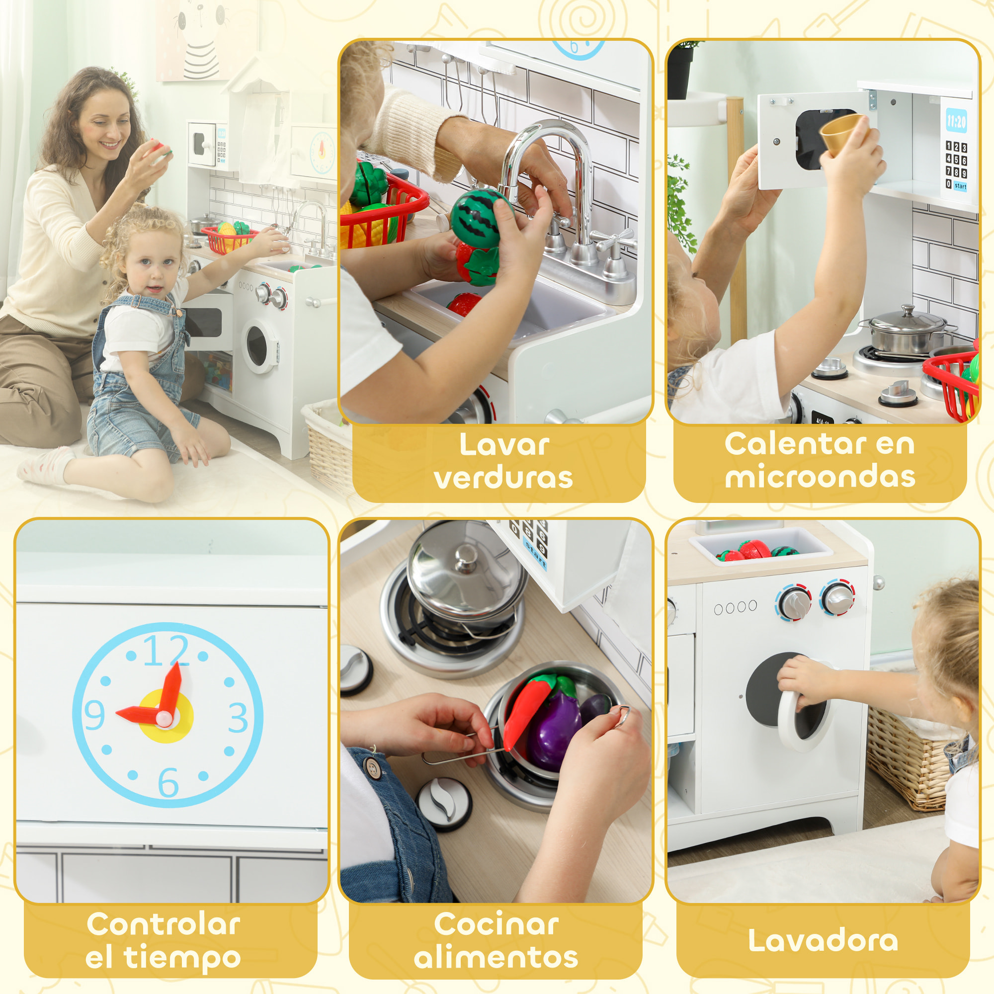 Cocina de Juguete de Madera con Sonido y Cortinas, Cocinita Infantil con Accesorios de Acero Inoxidable, Lavadora, Microondas, Fregadero, Juguetes para Niños a Partir de 3 Años, Blanco