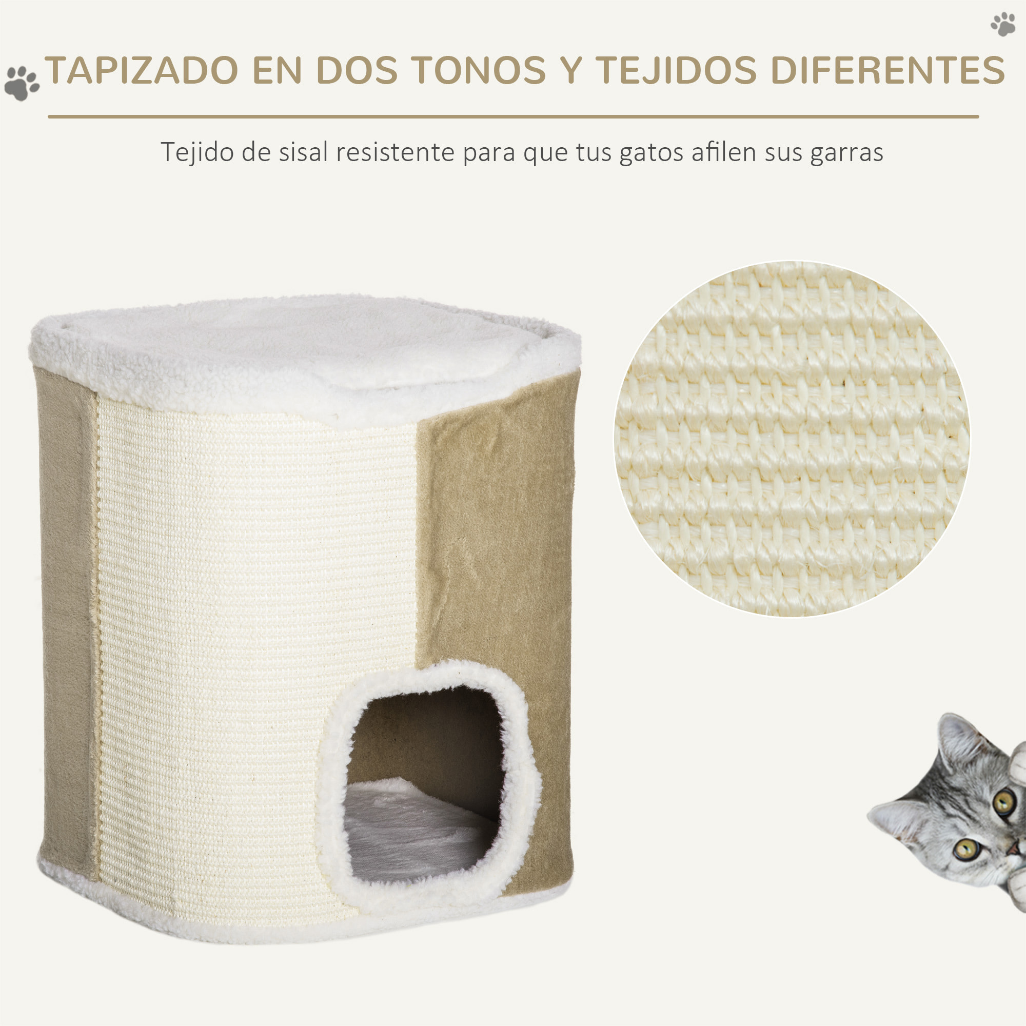 Barril Rascador para Gatos 2 Niveles con Cuevas de Sisal Felpa 40x40x49 cm Beige