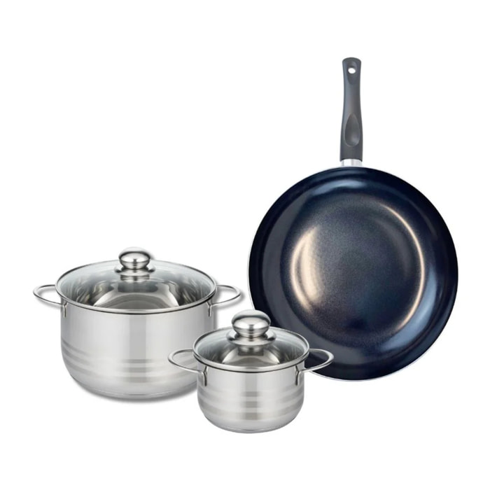 Ensemble de 1 Poêle de cuisson 28 cm et 2 faitouts 14 et 20 cm Elo Prima Brillant