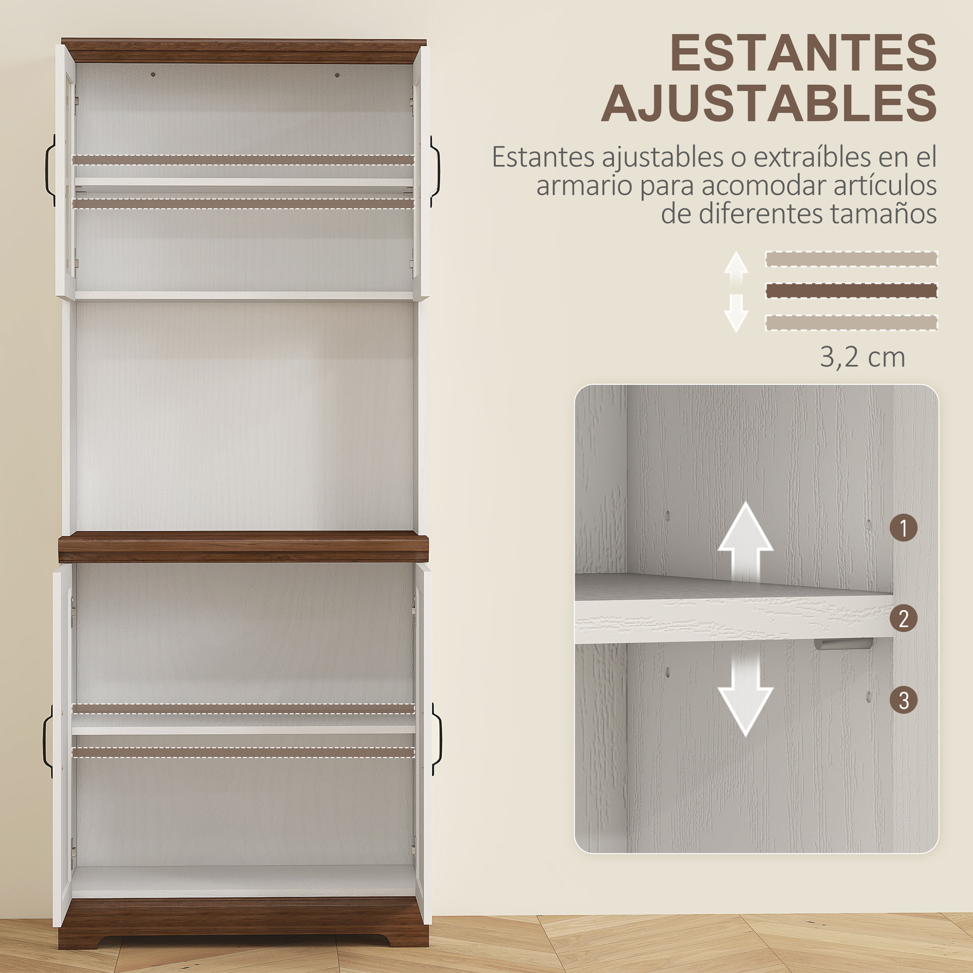 Alacena de Cocina Mueble Auxiliar de Cocina Aparador Alto con 2 Puertas de Vidrio Estantes Ajustables y Compartimentos Abiertos 72x40x178 cm Blanco