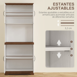 Alacena de Cocina Mueble Auxiliar de Cocina Aparador Alto con 2 Puertas de Vidrio Estantes Ajustables y Compartimentos Abiertos 72x40x178 cm Blanco