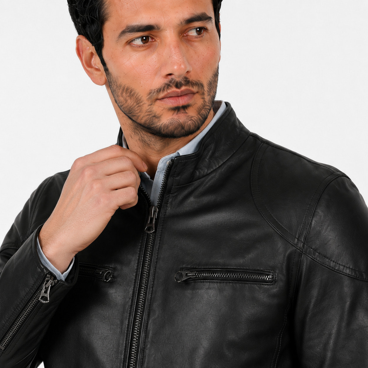 Giubbino in pelle di vitello nappa Nero-Slim Fit