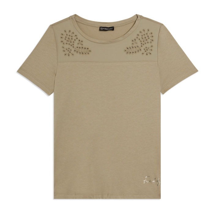 T-shirt in Jersey con Ricami Floreali